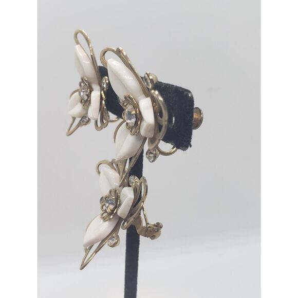 Vintage Floral Thermoset Rhinestone Brooch & Clip On Earrings Set 1950s - Picture 4 of 14